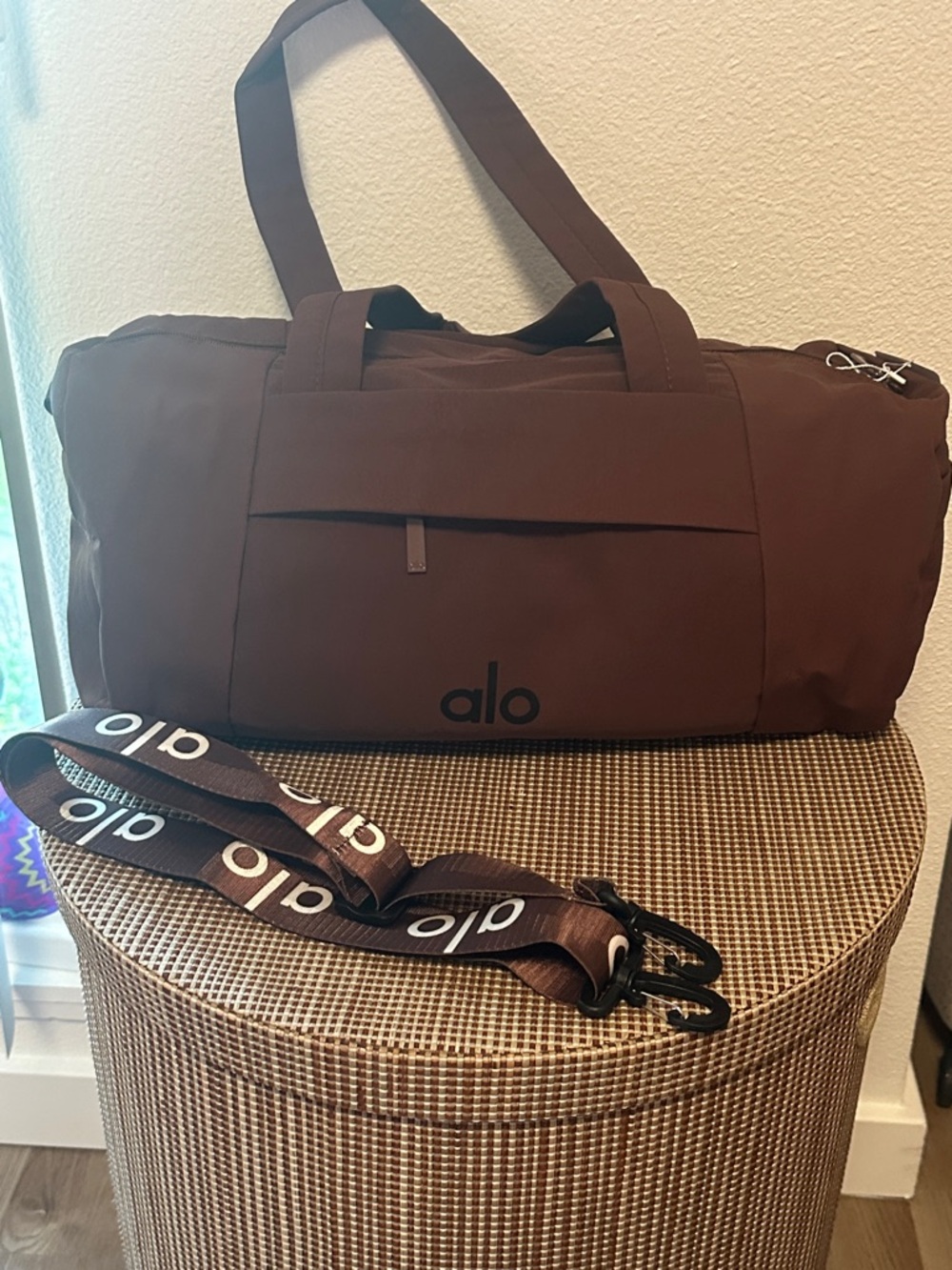 ALO Yoga Men's Chocolate Brown Duffel Bag with Branded Strap